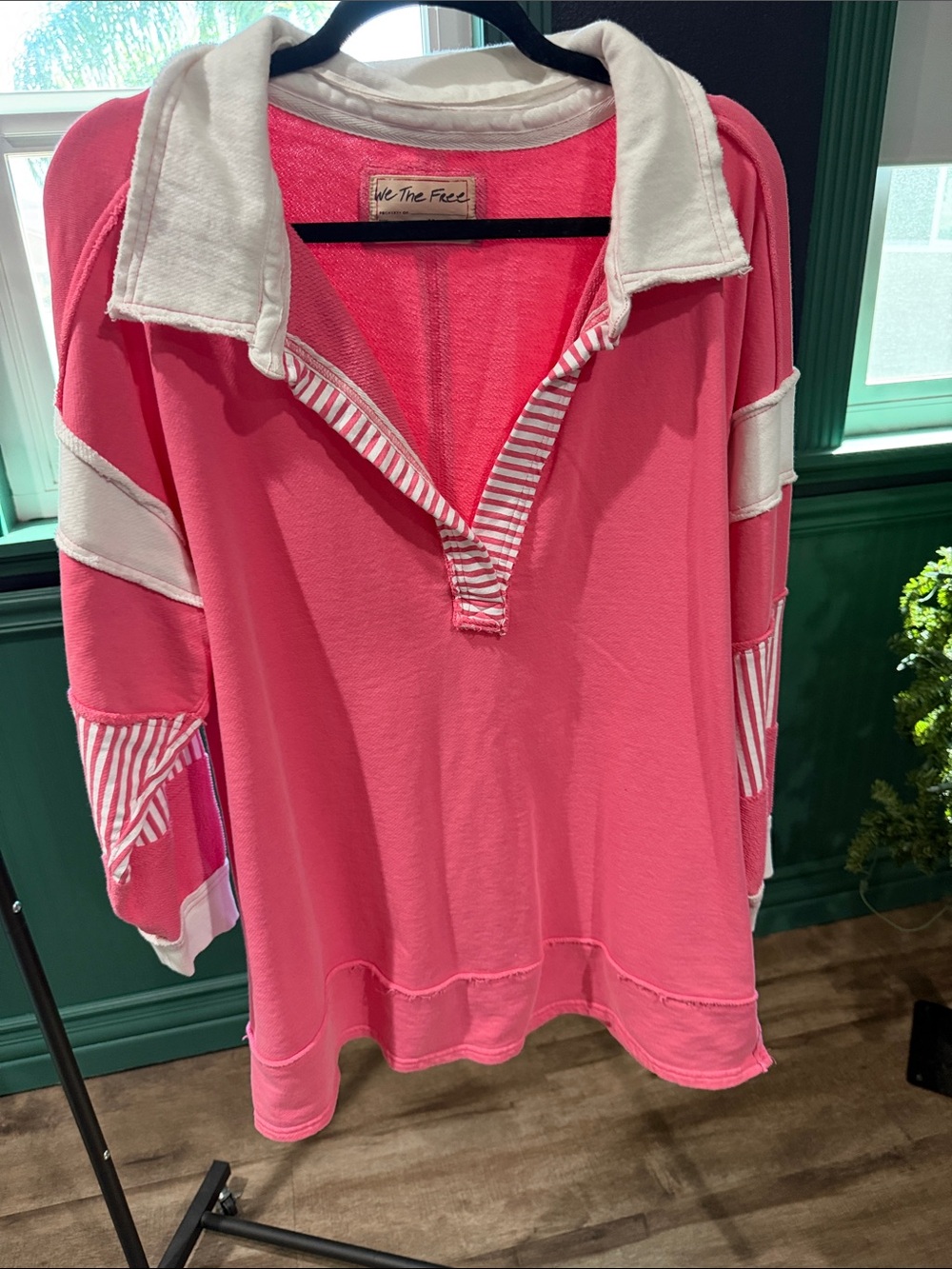 We The Free Hot Pink Collared Pullover with Striped Trim